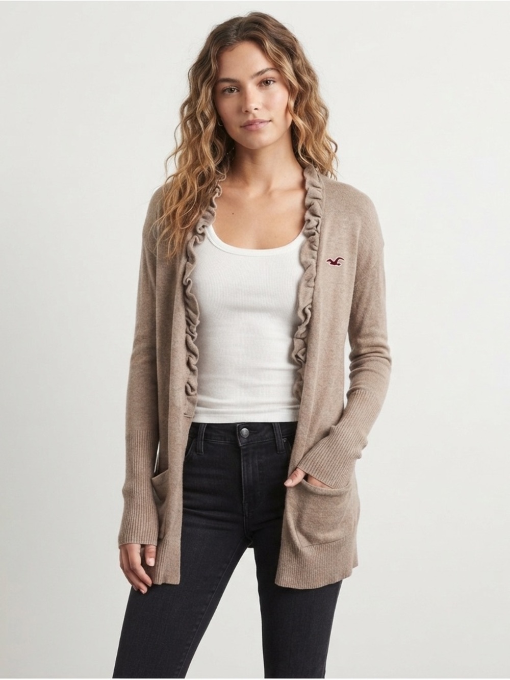 Hollister Women’s Beige Open Front Cardigan Ruffle Trim Cotton Viscose Size M